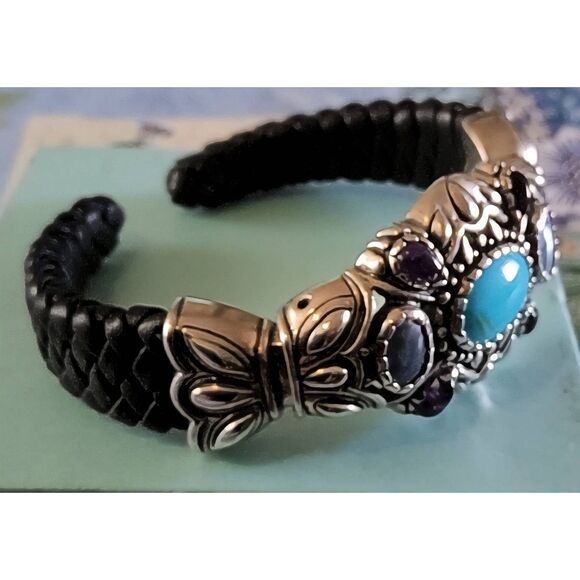 CAROLYN POLLACK RELIOS 925SS Turquoise~Amethyst~Abalone Leather Cuff Bracelet - Picture 2 of 6